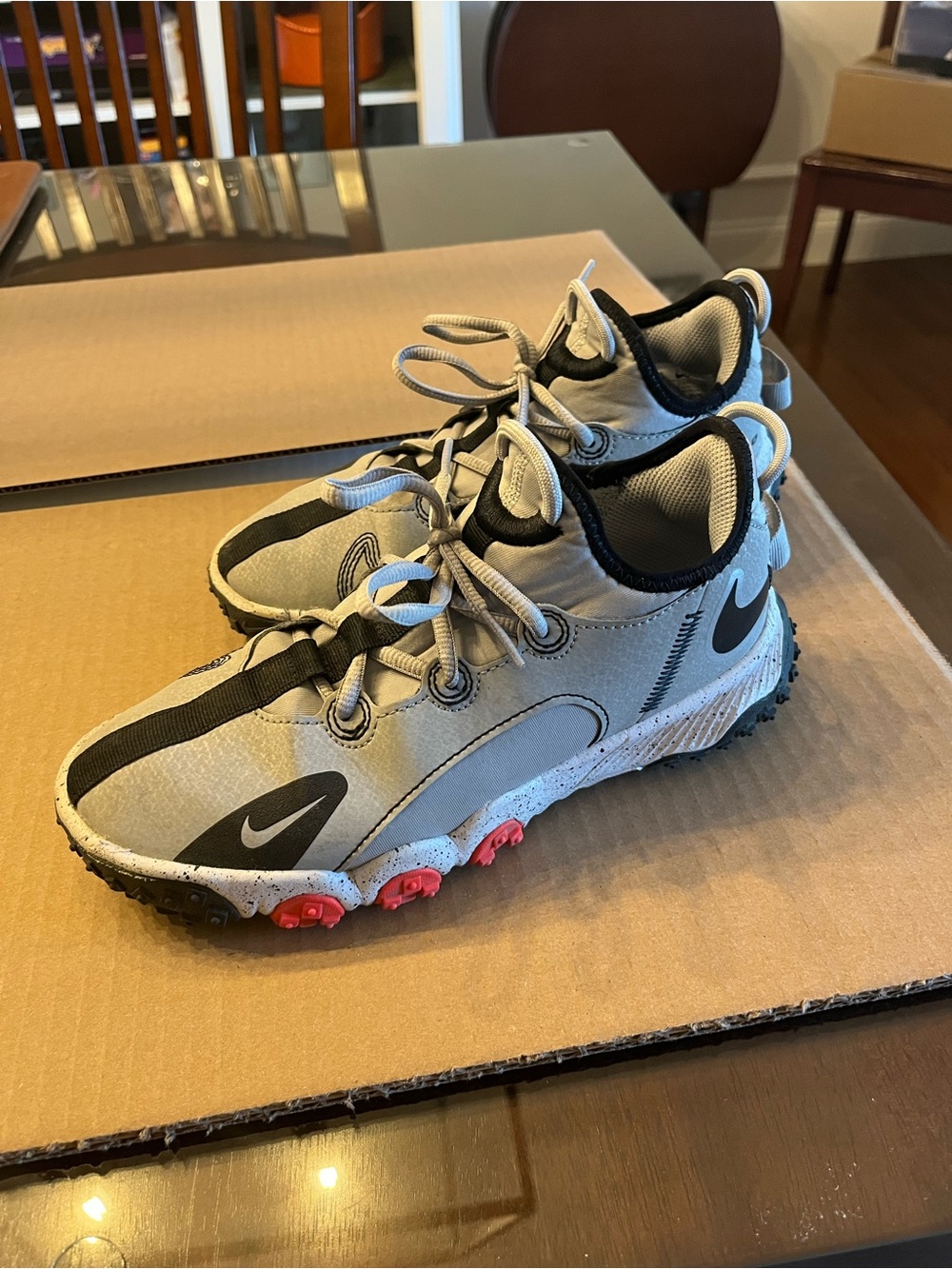 Nike Kids Beige and Black Trail-Style Sneakers with Pink Accents